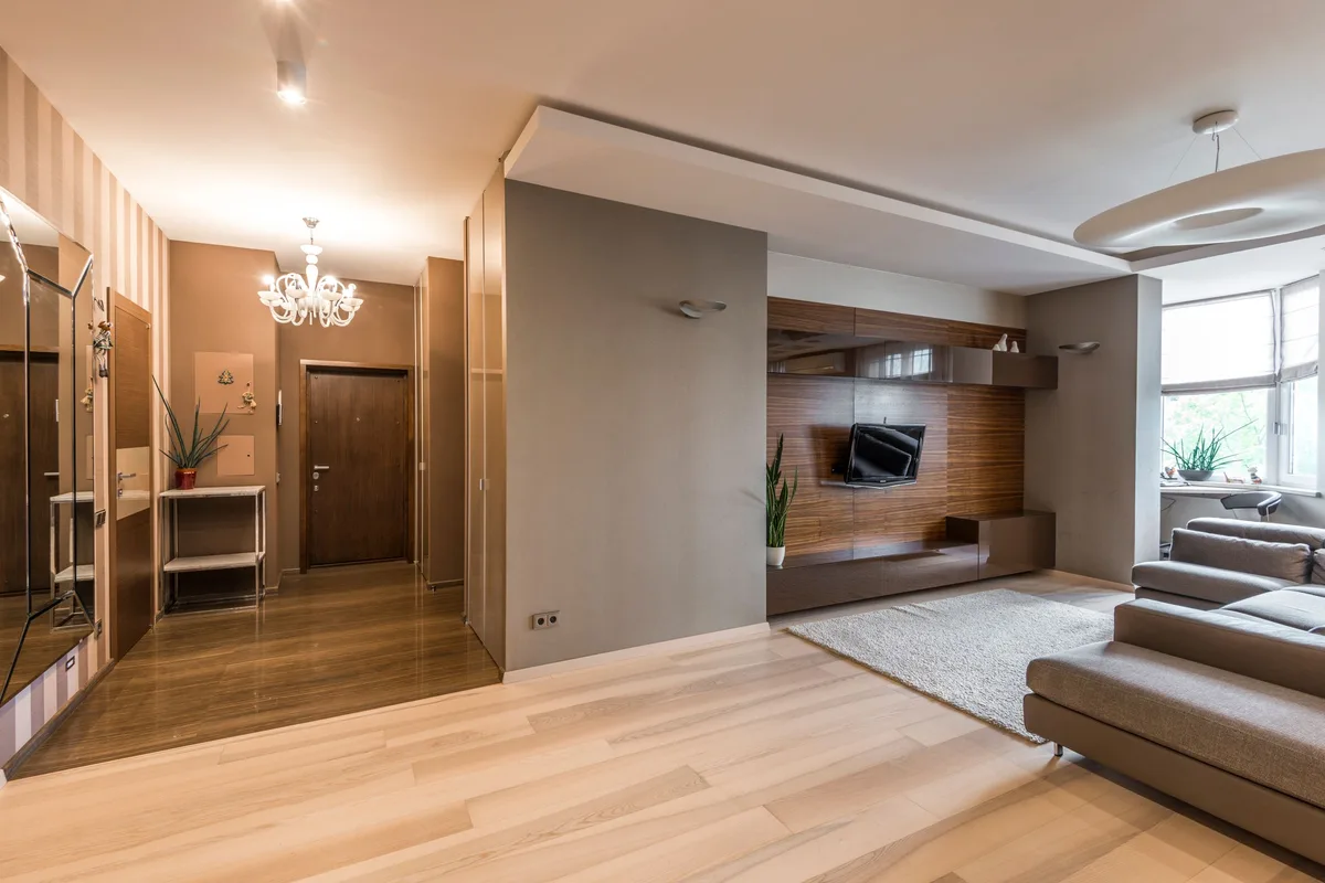 Bright home interior with light wood-look flooring