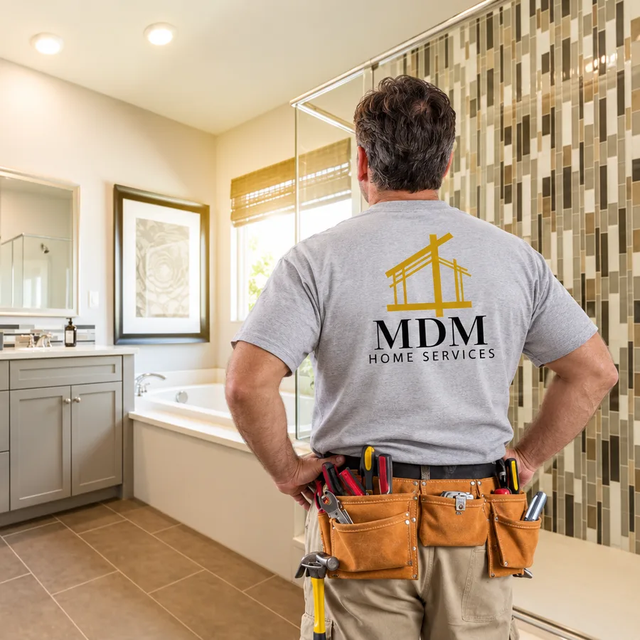 MDM Home Services remodeler in a branded shirt and tool belt looking over a finished bathroom with a tiled shower and gray double vanity