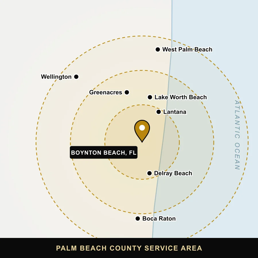 Map of the MDM Home Services area around Boynton Beach, FL: Delray Beach, Boca Raton, Lantana, Lake Worth Beach, Greenacres, Wellington and West Palm Beach