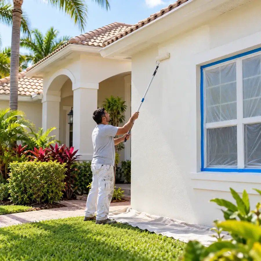 Painter using an extension roller on a white stucco home in Palm Beach County, windows masked and drop cloth on the lawn
